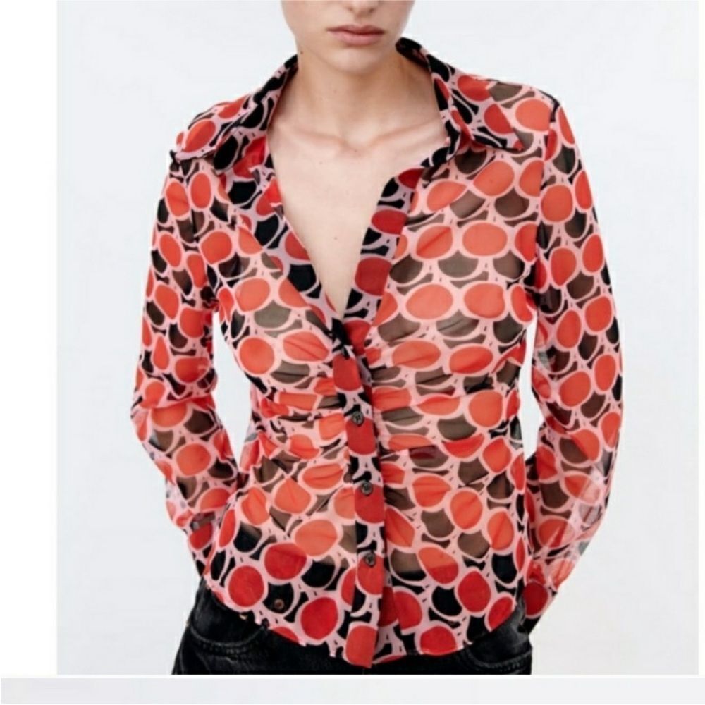 ZARA | Sheer Red and Black Geometric Long Sleeve Button Top Women’s Size Small